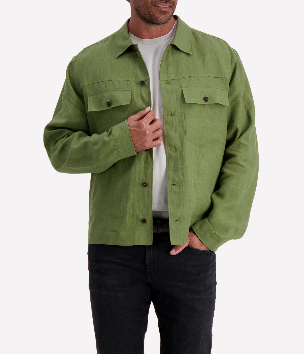 Valstar's linen overshirt with adjustable waist tabs, combining rugged trucker jacket style with a lightweight, breathable design. Perfect for warmer days.