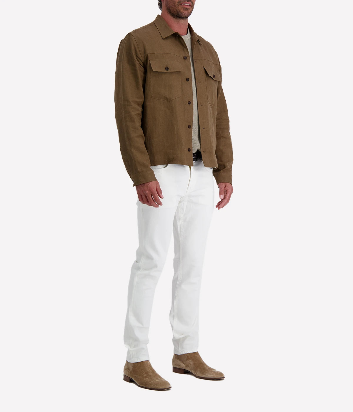 Valstar's linen overshirt with adjustable waist tabs, combining rugged trucker jacket style with a lightweight, breathable design. Perfect for warmer days.