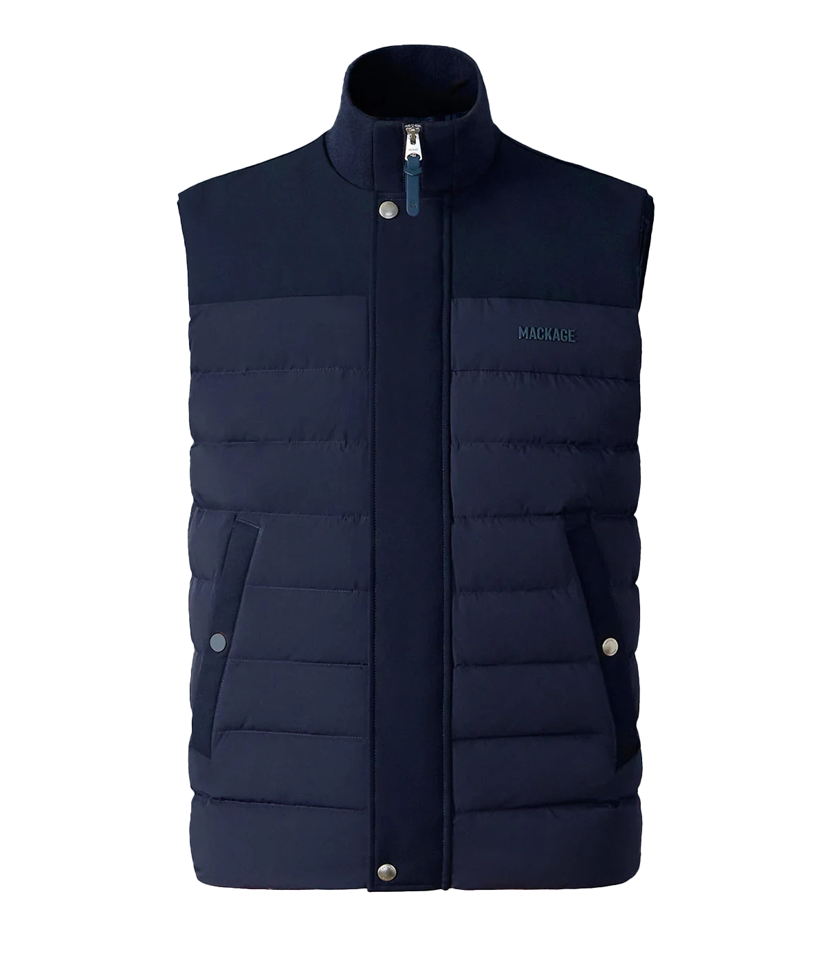 Quilted down vest with stretch nylon and twill panels, ribbed collar, and snap-secured pockets, designed for lightweight warmth and layering.