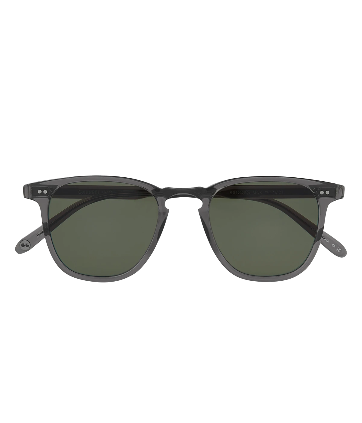 Square acetate sunglasses with keyhole bridge, premium glass lenses, and hand-finished details. Features classic GLCO core wire, 5-barrel hinges with rivets, and external pins at the temples. 100% UV protection.