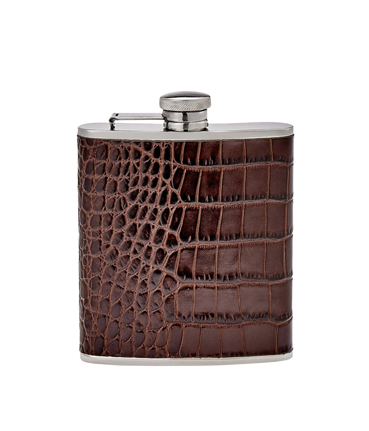 Brown crocodile-patterned hip flask with silver cap on a white background