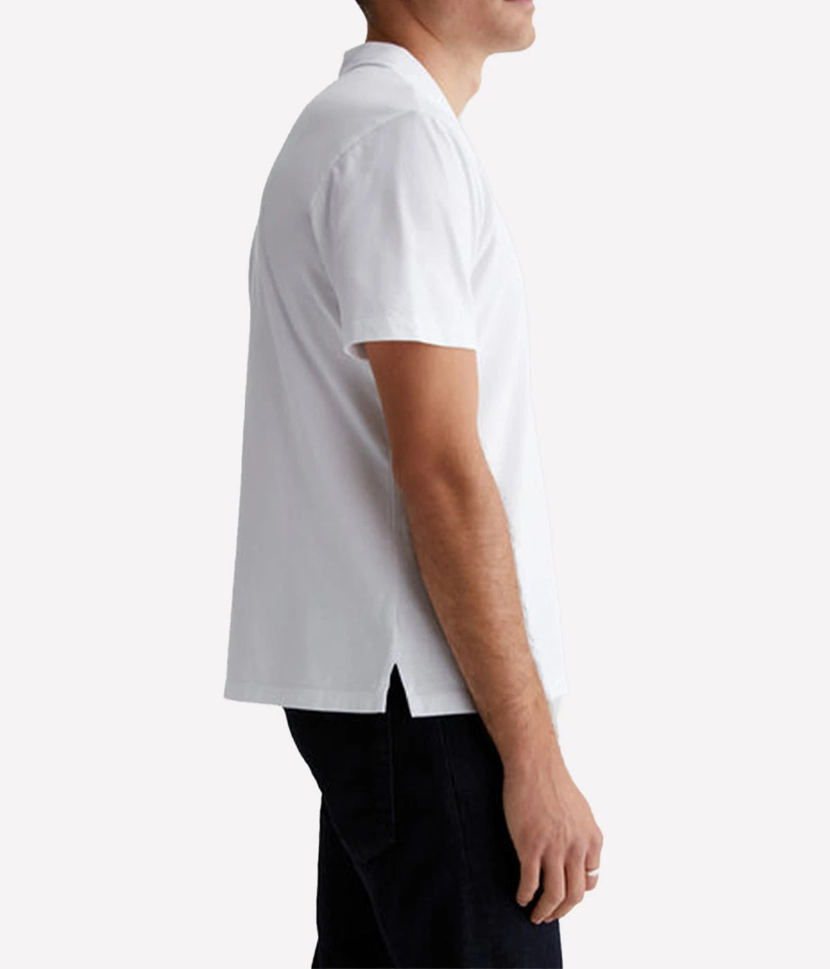 Side profile of the Bryce Johnny Collar polo shirt, showcasing the relaxed fit and smooth finish of the lightweight cotton jersey.