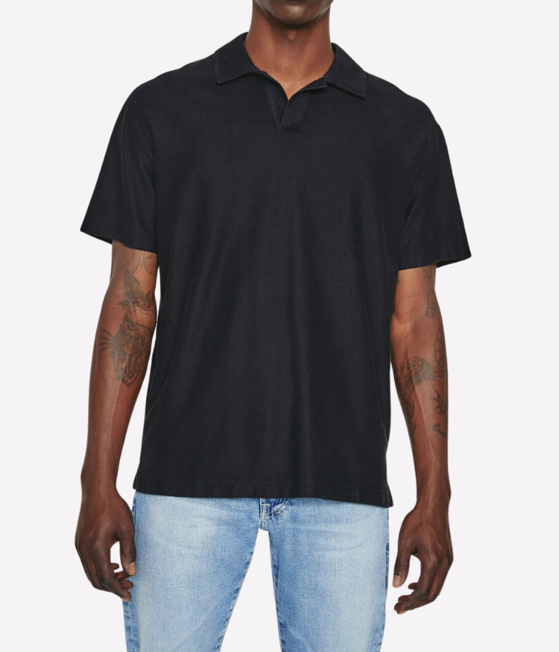 Front view of the AG Bryce Johnny Collar Polo Shirt, crafted in lightweight stretch-blend terry with the reverse side out for added texture and softness. The shirt features a relaxed neckline, pointed collar, short sleeves, and split sides for a casual, summery look.