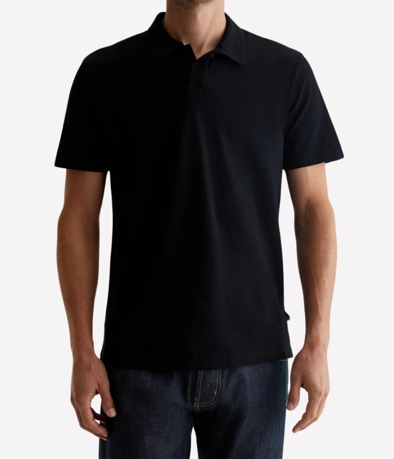 Front view of the AG Bryce Johnny Collar Polo Shirt, crafted from soft and lightweight cotton jersey. The shirt features a relaxed neckline, pointed collar, and short sleeves, offering a timeless and versatile design suitable for casual or tailored looks.