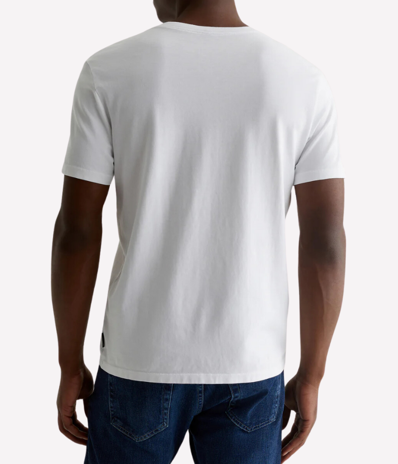 Back view of the Bryce white V-neck tee, featuring a seamless construction and clean, minimal design.
