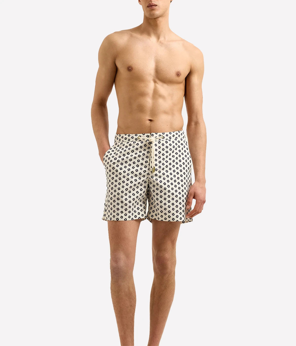Men’s Bulldog quick-dry swim shorts in recycled polyester with adjustable rope drawcord and gold-effect hardware, designed for movement and style.