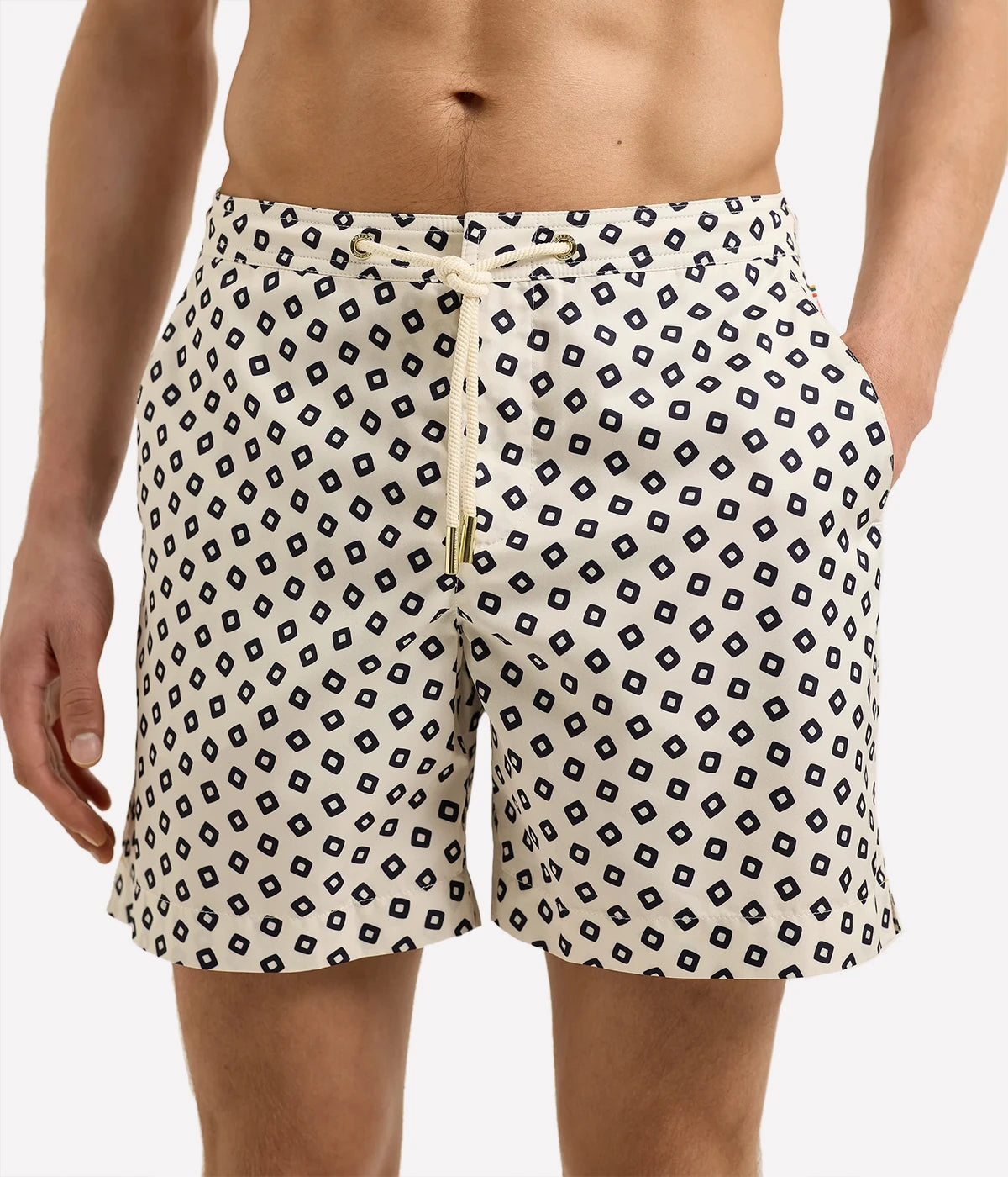 Men’s Bulldog quick-dry swim shorts in recycled polyester with adjustable rope drawcord and gold-effect hardware, designed for movement and style.