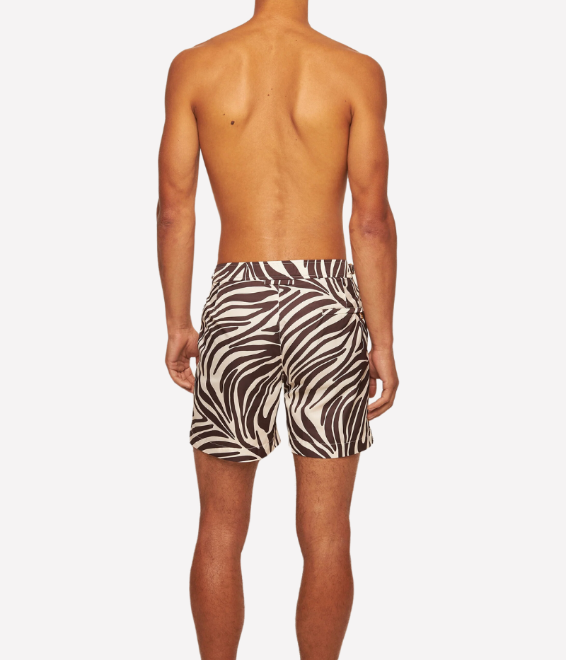 Back view of the Orlebar Brown Bulldog Golden Gun Zebra Swim Shorts, showcasing the bold zebra print inspired by The Man with the Golden Gun and a sleek, tailored silhouette.