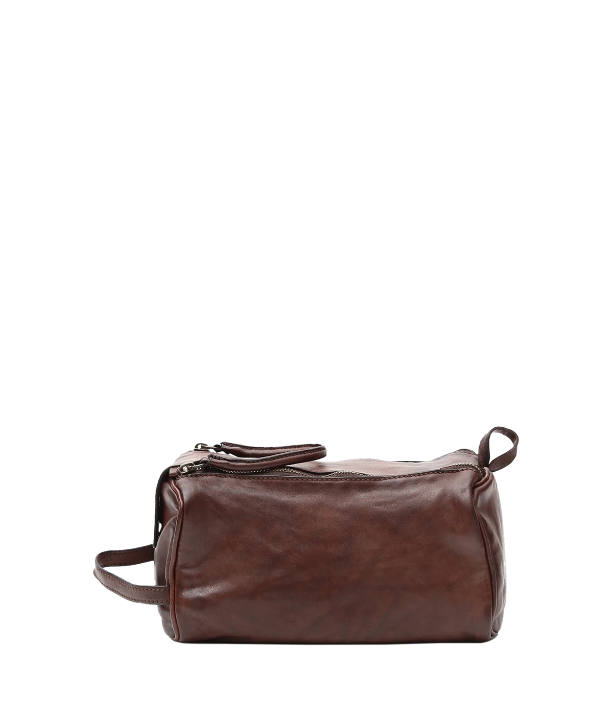 Side view of Campomaggi Leather Toiletries Bag in Brown showing the zip top and side wrist strap