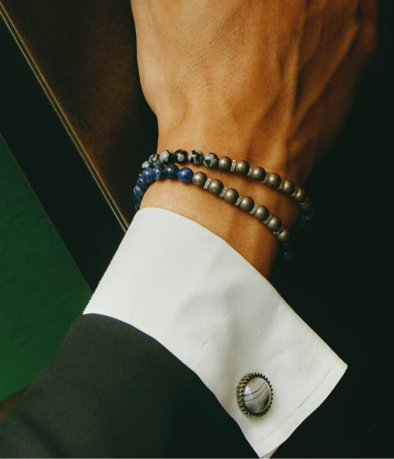 Titanium cufflinks with domed Botswana Agate stone, palladium plating for a sleek, sophisticated look.