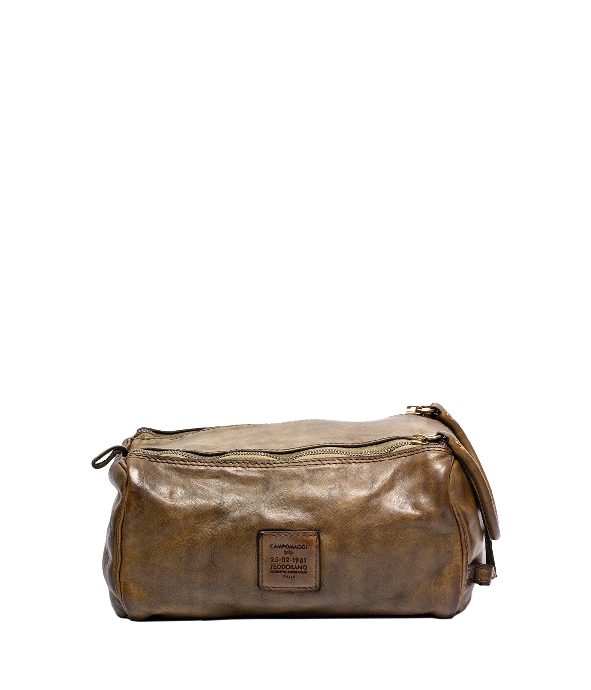 Front view of Campomaggi Leather Toiletries Bag in Military olive leather showing the zip top and embossed logo patch