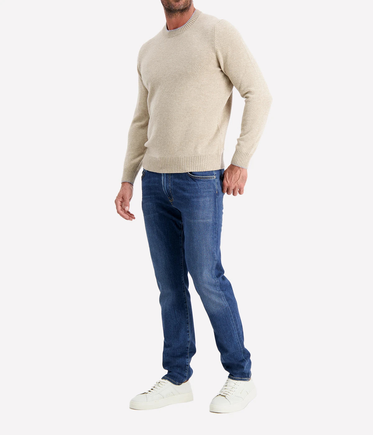 Crew Long Sleeve in Beige Grey Trim