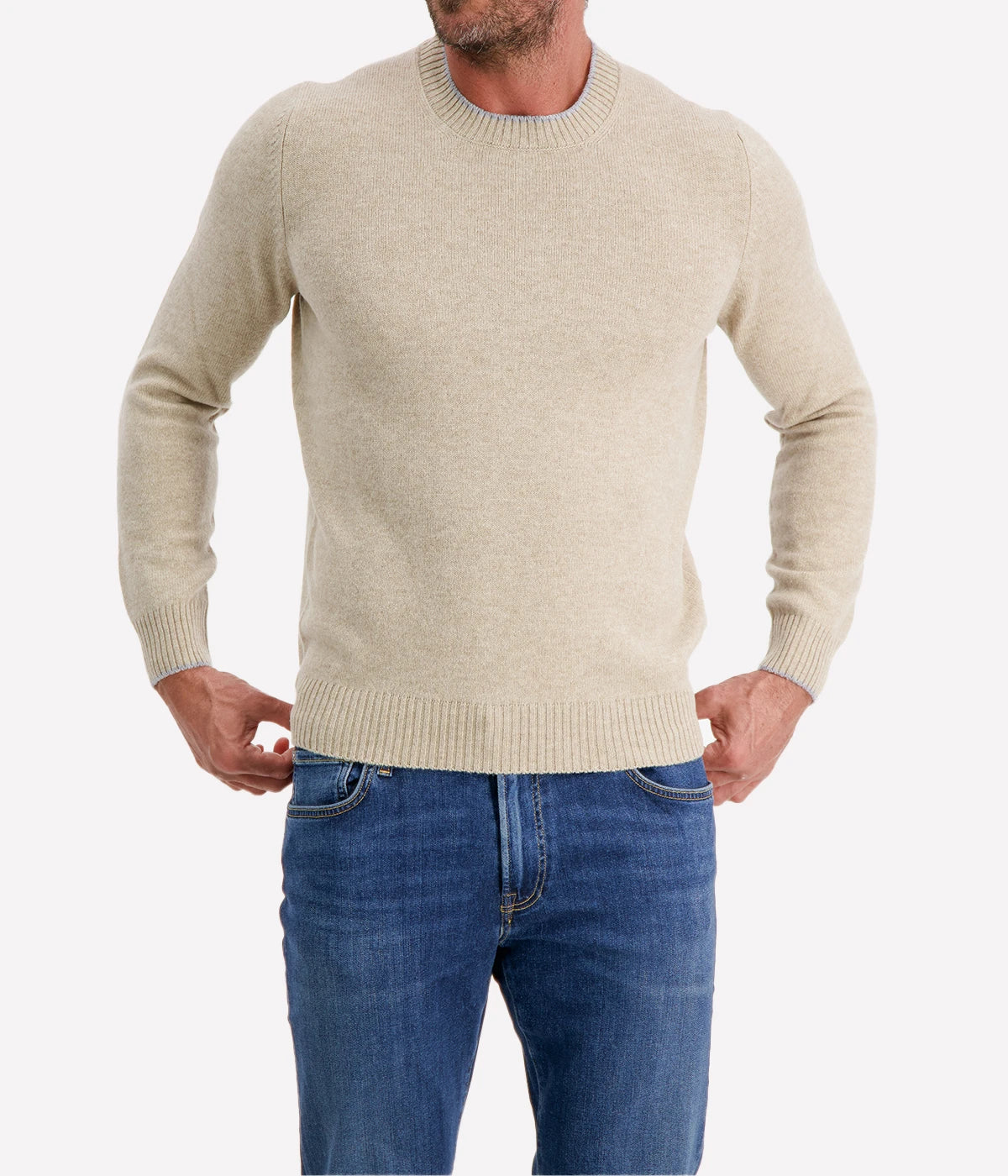 Crew Long Sleeve in Beige Grey Trim