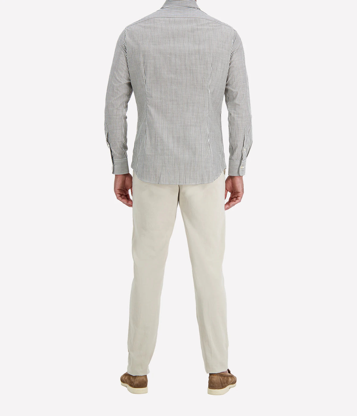 Back view of man wearing Ingram Slim Fit Shirt in Sage & White Stripe with stone chinos and brown suede shoes