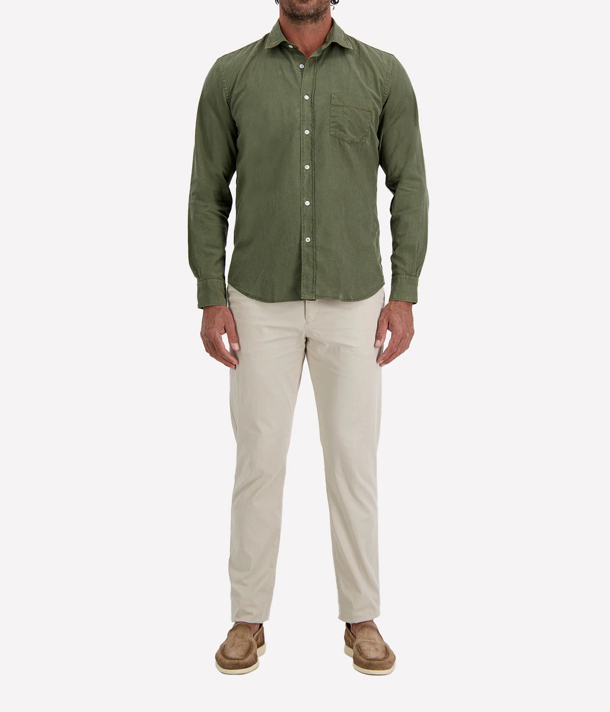 Man wearing Hartford Paul Tencel & Cotton Shirt in Military with stone chinos and brown suede shoes, full-length front view