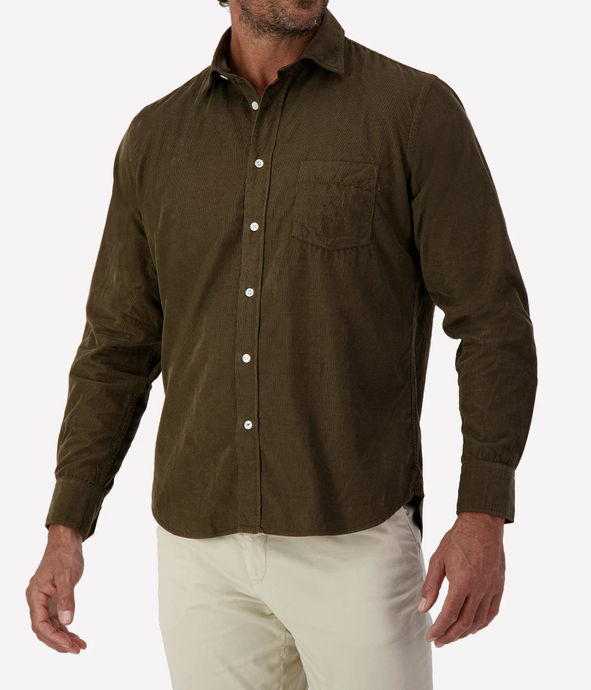 Man wearing Hartford Paul Fine Corduroy Shirt in Olive with stone chinos, cropped front view