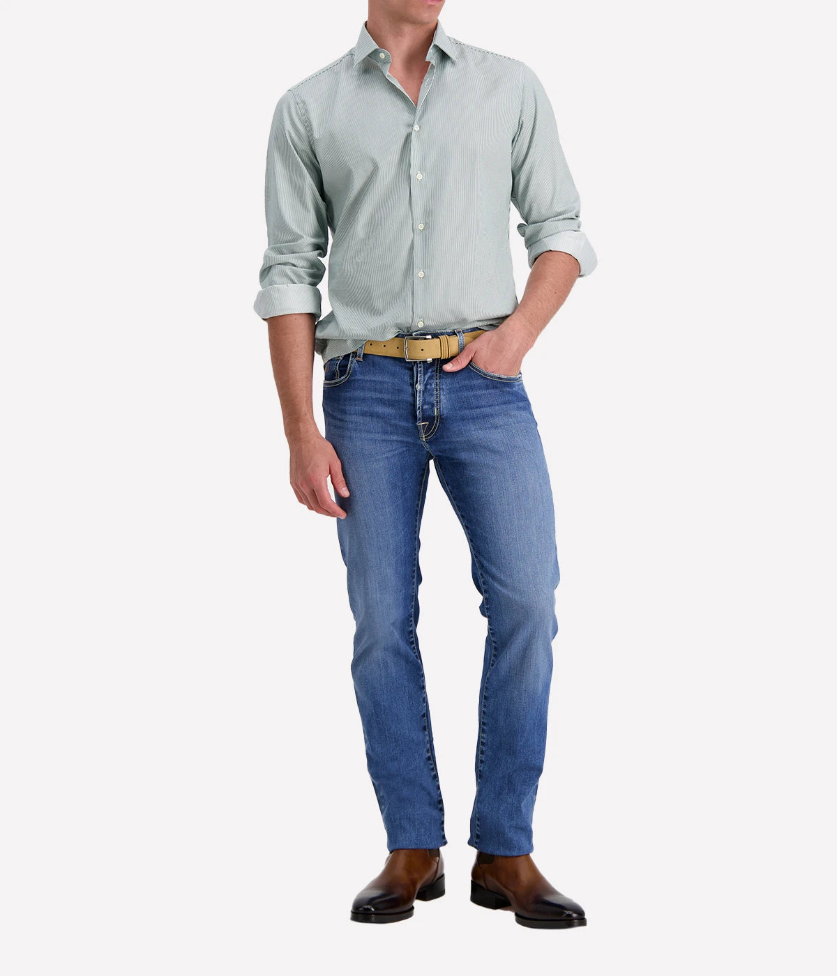 Slim Fit Shirt in Green & White Stripe