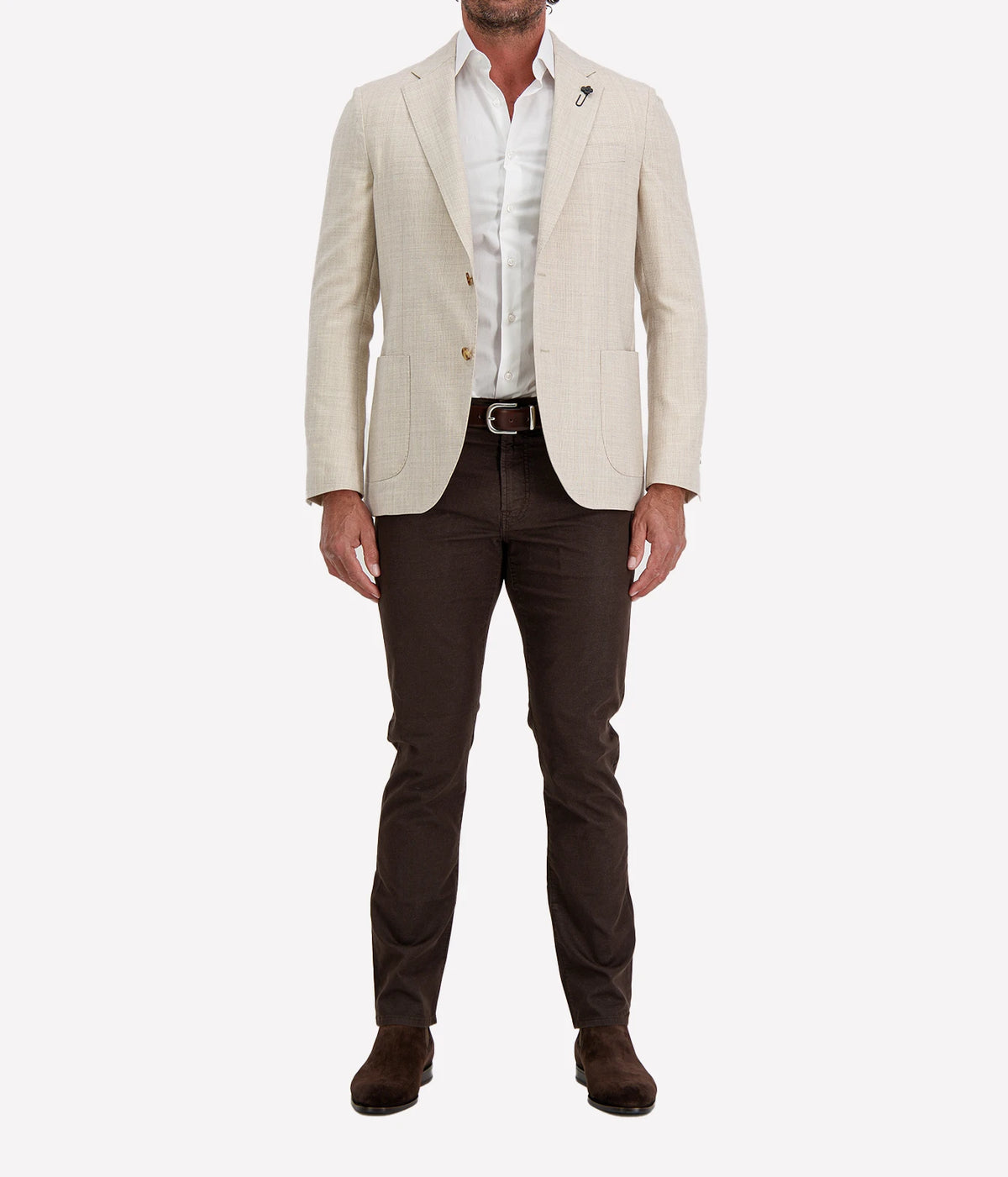 Man wearing Lardini Iconic Jacket in Beige Check with a white shirt and dark brown trousers, front view
