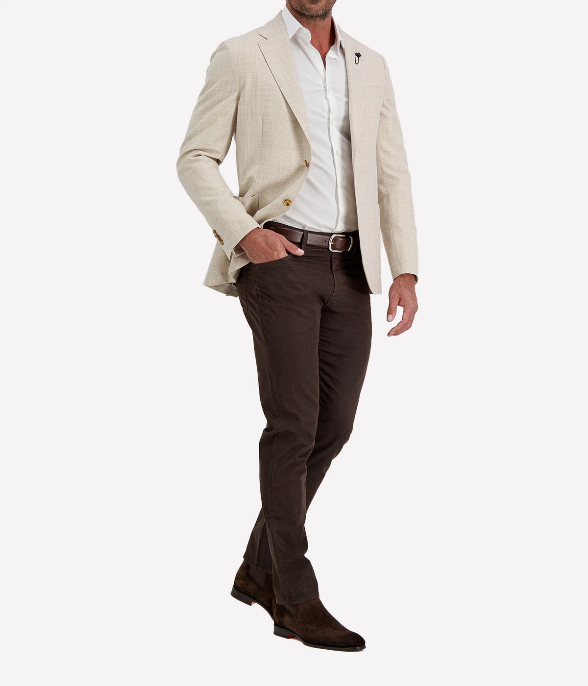 Man wearing Lardini Iconic Jacket in Beige Check with a white shirt and dark brown trousers, side view
