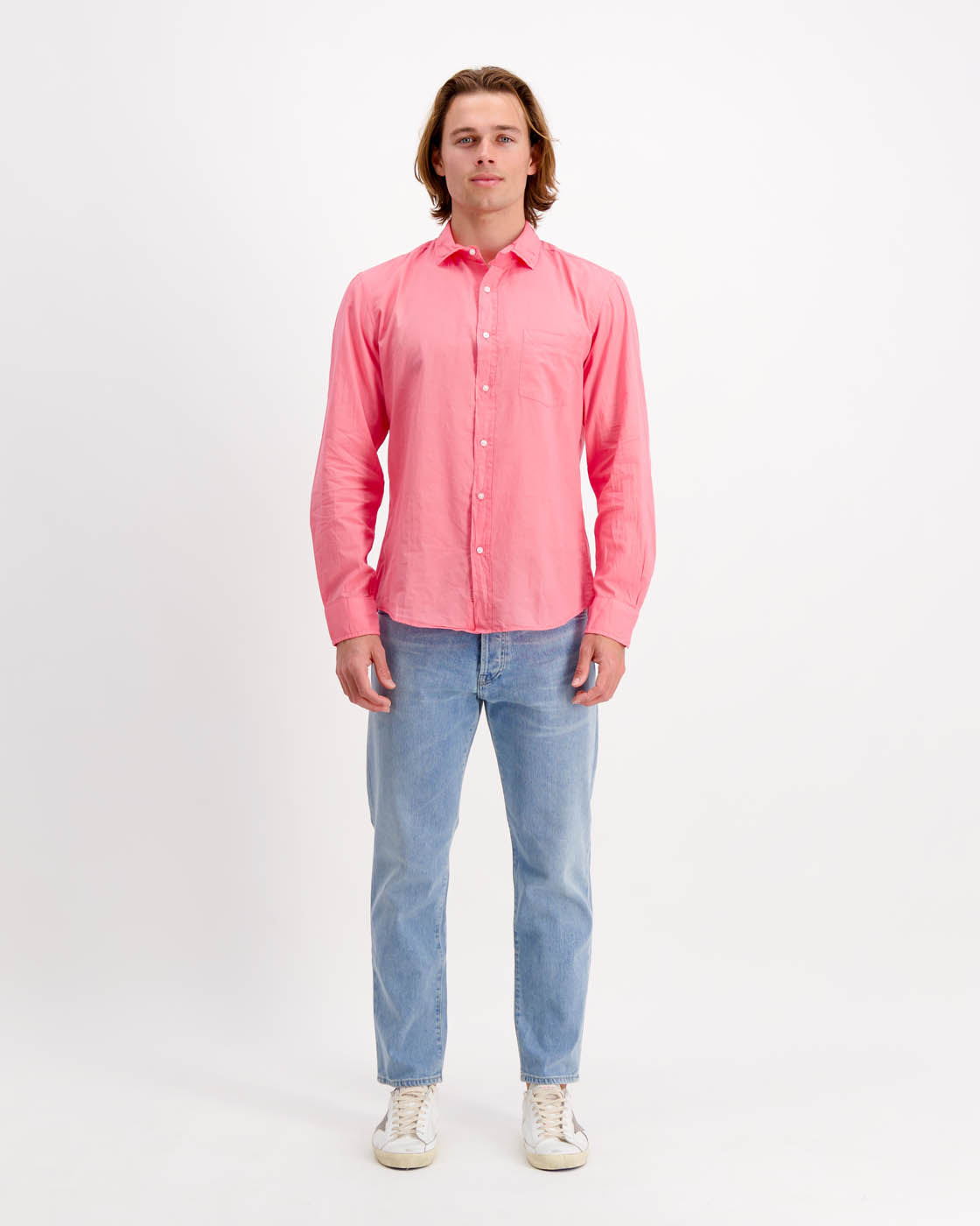 Luke Woven Button Up Shirt in Grapefruit