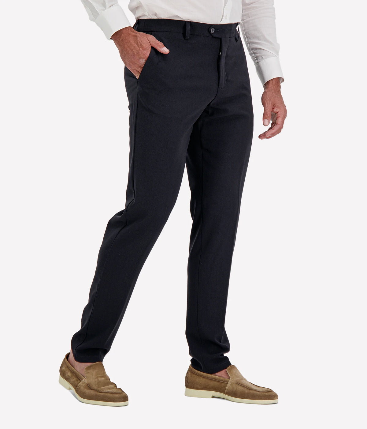 Man wearing Marco Pescarolo Evo Wool Trouser in Navy with a white shirt and tan suede shoes, cropped angled view