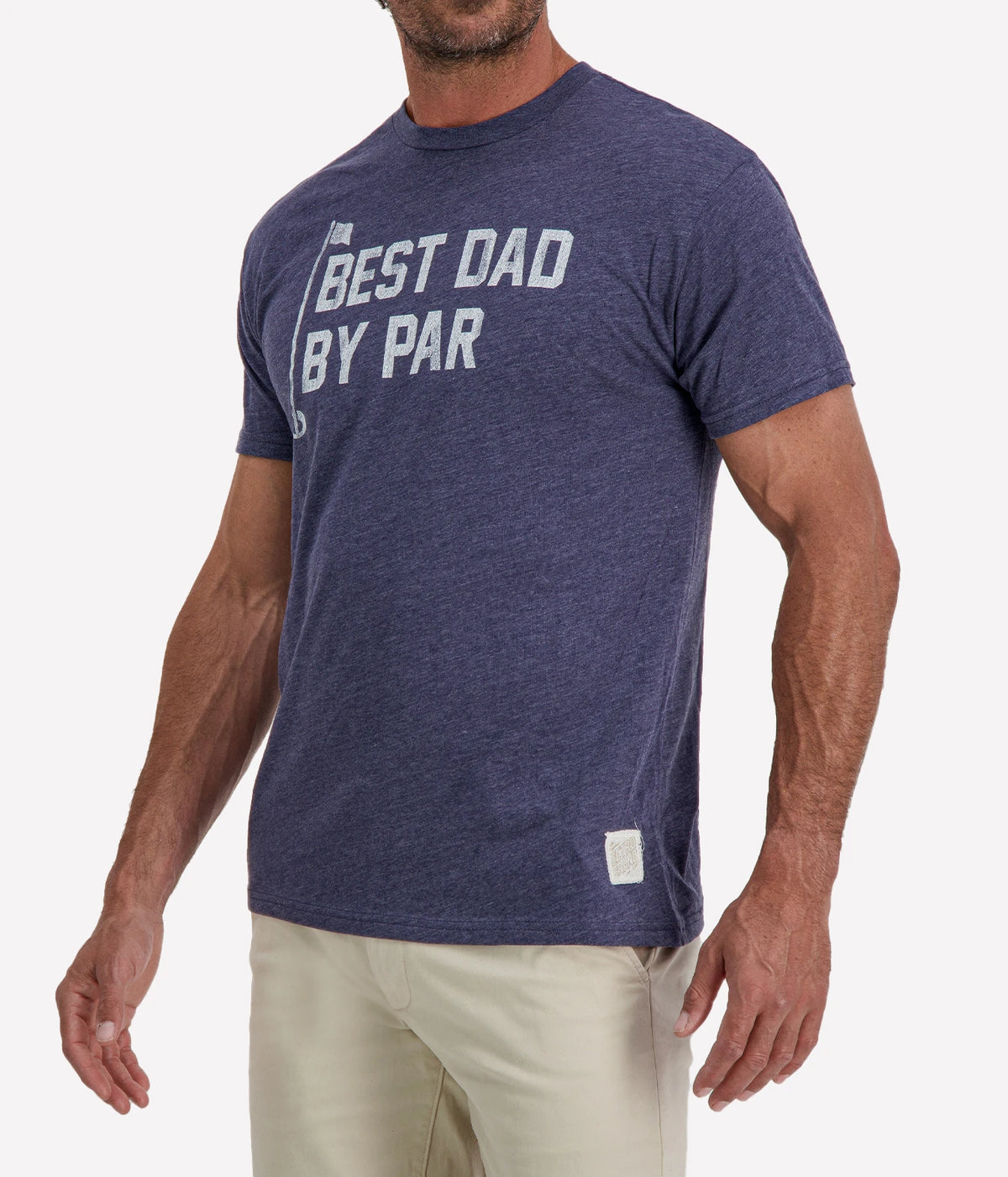 Man wearing Retro Brand Best Dad By Par Tee in Navy with stone shorts, cropped angled front view