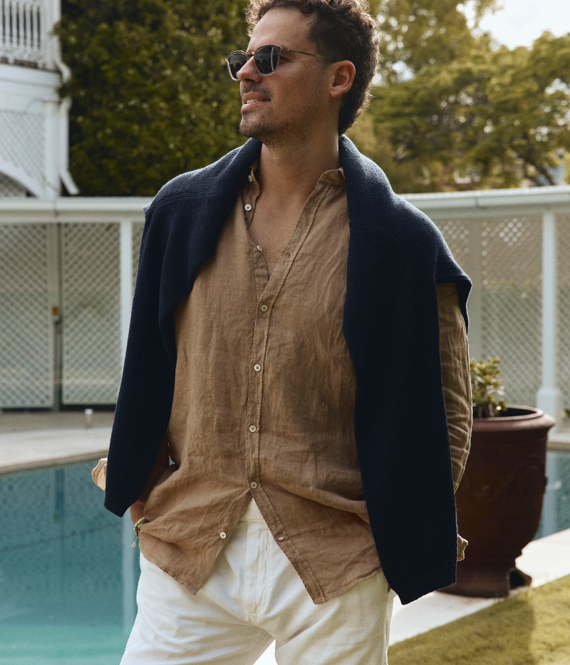 Lightweight linen shirt with a soft collar, embroidered detailing, and a refined fit.