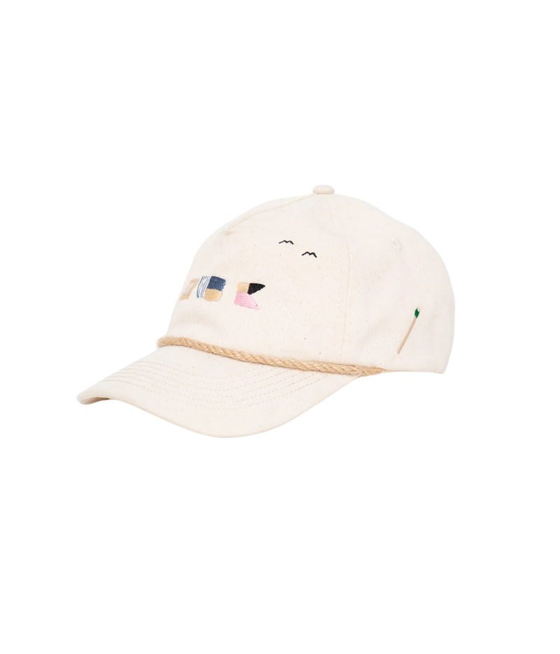 Nick Fouquet sailing flags cap – natural cotton twill with embroidered sailing flags and birds, brown leather strap, and braided rope detail.
