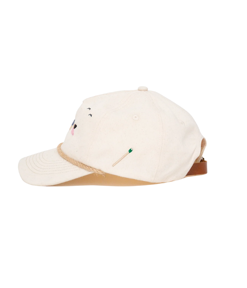 Nick Fouquet sailing flags cap – natural cotton twill with embroidered sailing flags and birds, brown leather strap, and braided rope detail.
