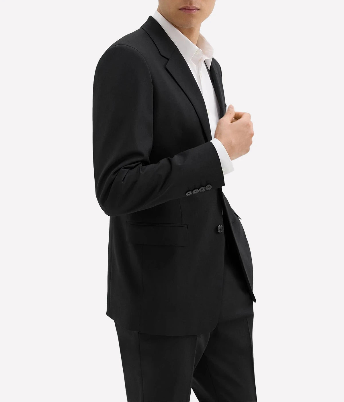 Chambers Blazer by Theory, crafted from luxurious Italian virgin wool and Lycra Spandex. Features a structured fit, classic notch lapels, chest and flap pockets, and buttoned cuffs. Fully lined, wrinkle-resistant, and moisture-controlling fabric, perfect for both professional and casual wear