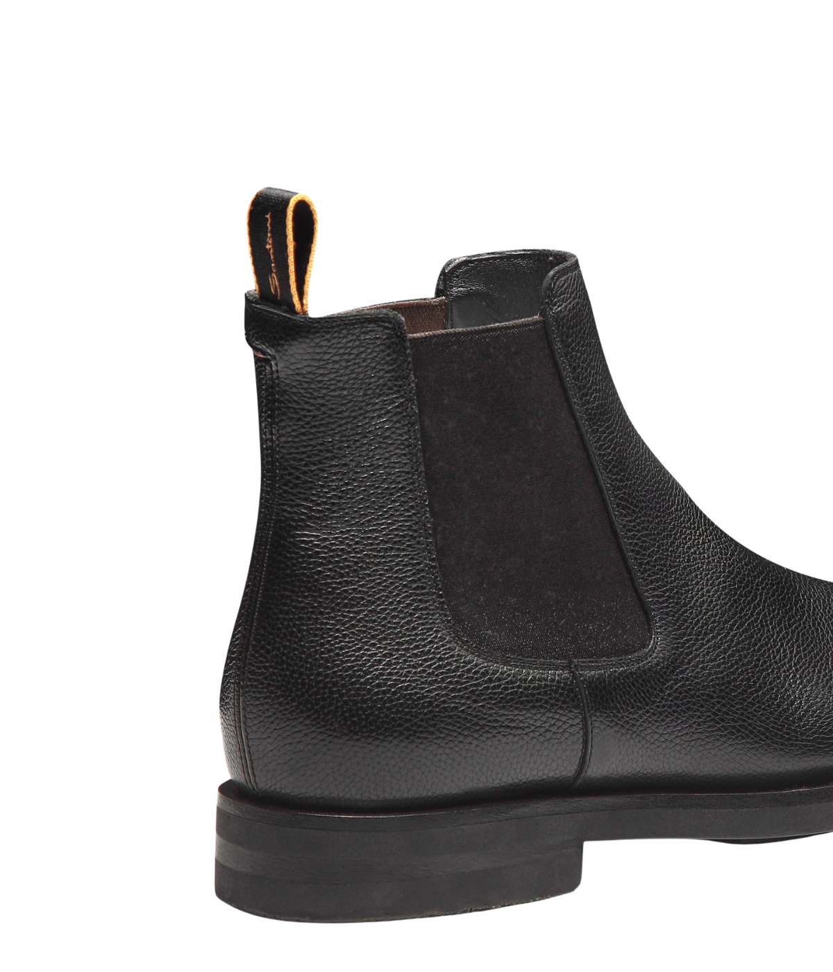 Men’s black leather Chelsea boots with elastic side panels, pull tab, and durable rubber sole by Santoni.