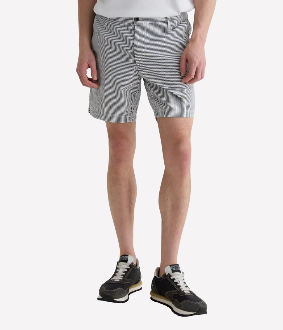 AG Cipher Short in Charcoal Stripe made from stretch seersucker, featuring a mid-rise waist, slim fit, and refined striped finish.