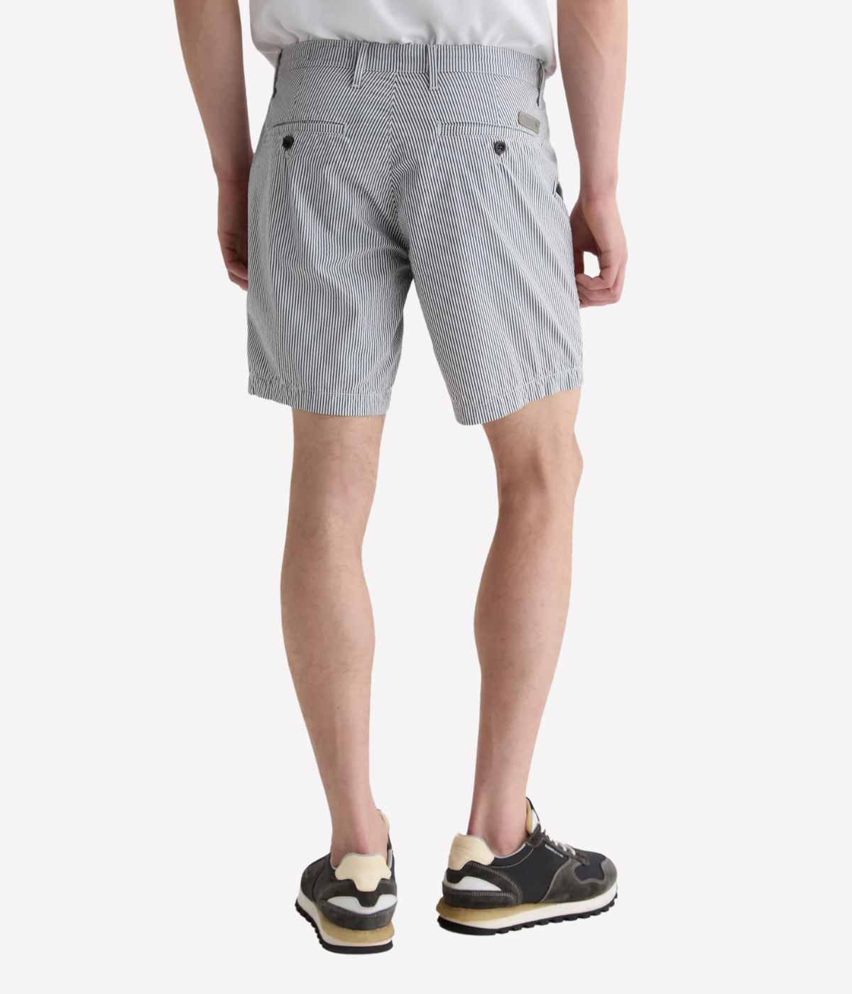AG Cipher Short in Charcoal Stripe made from stretch seersucker, featuring a mid-rise waist, slim fit, and refined striped finish.