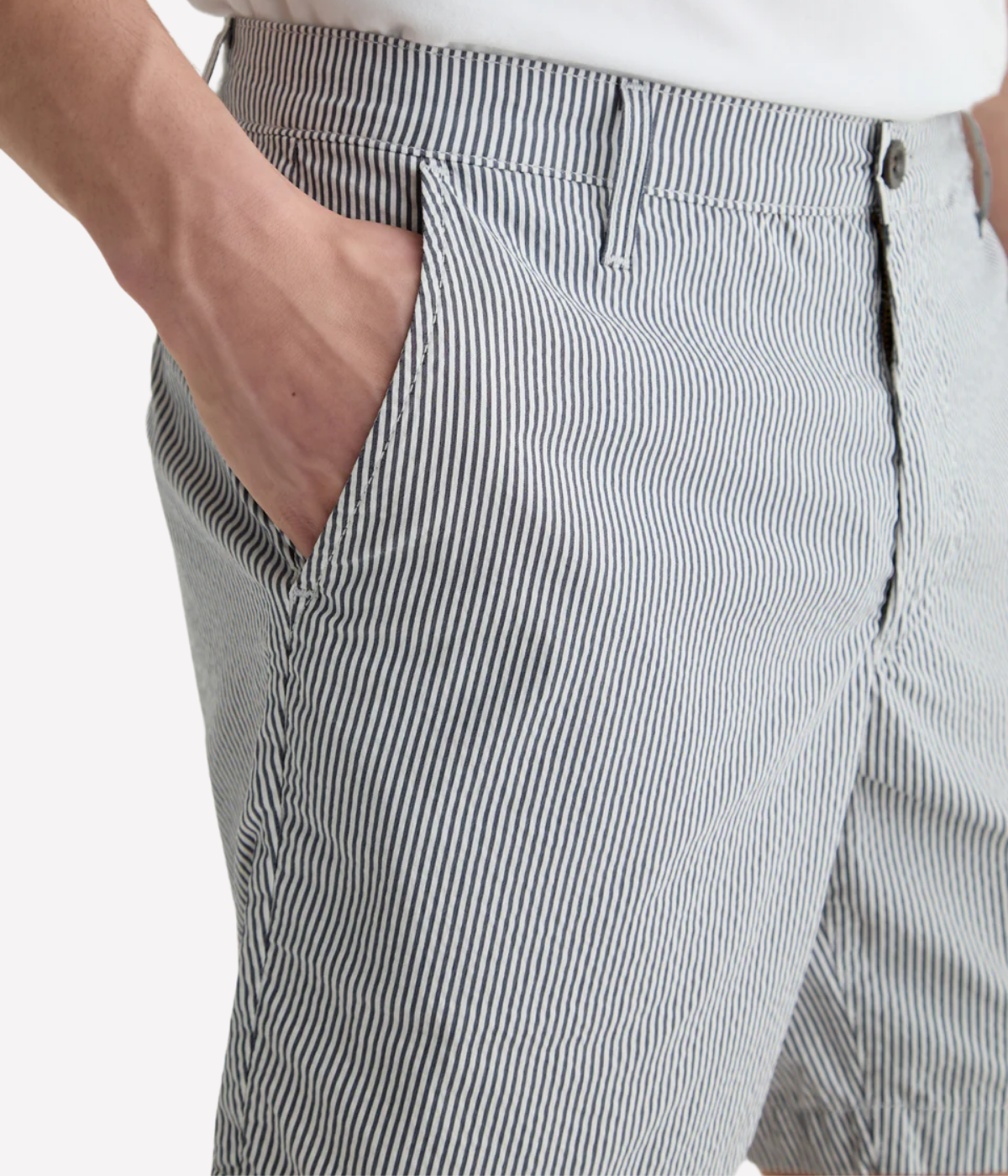 AG Cipher Short in Charcoal Stripe made from stretch seersucker, featuring a mid-rise waist, slim fit, and refined striped finish.