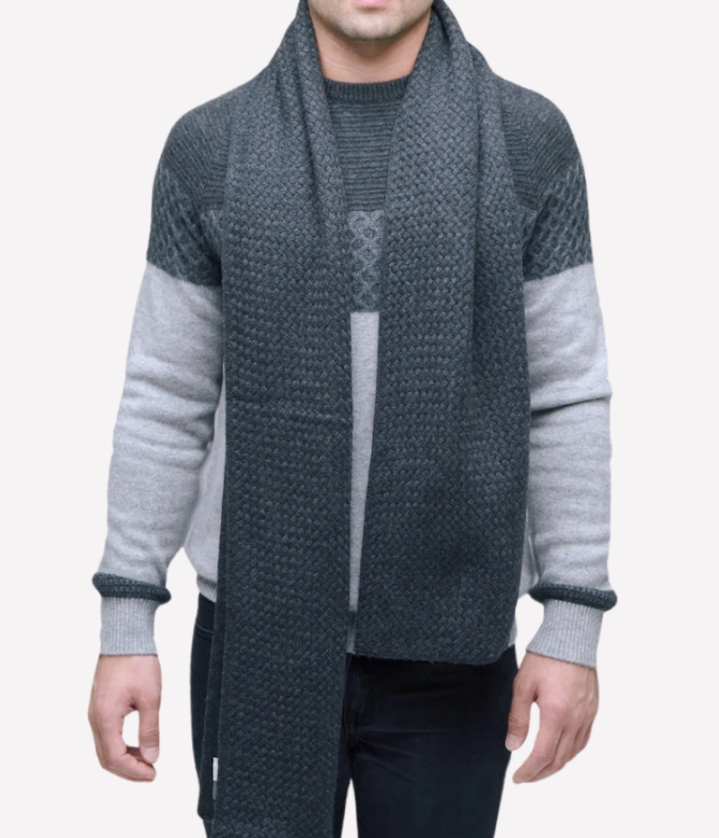 Luxury double-faced cashmere scarf featuring a signature COCO basketweave design with a solid colour reverse. Oversized for versatile styling and ultimate warmth.