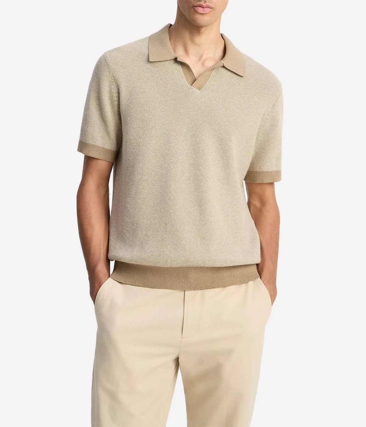 Vince Johnny-collar pullover sweater with tonal colourblocking and subtle stripe texture in a cotton-cashmere knit.
