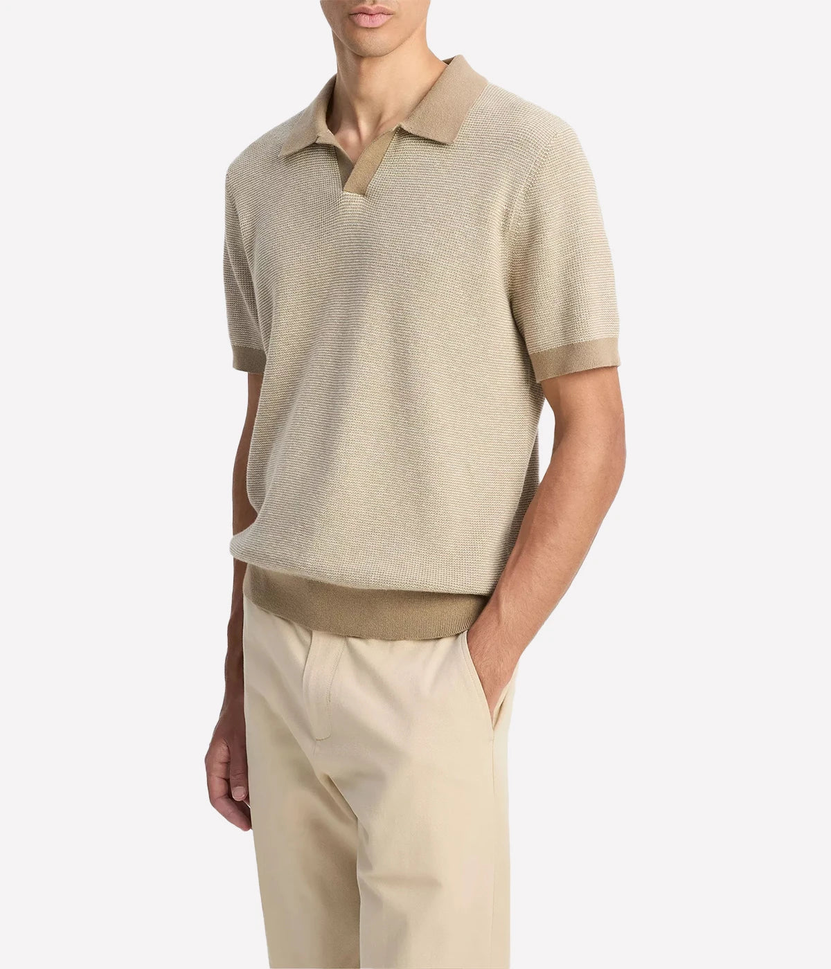 Vince Johnny-collar pullover sweater with tonal colourblocking and subtle stripe texture in a cotton-cashmere knit.