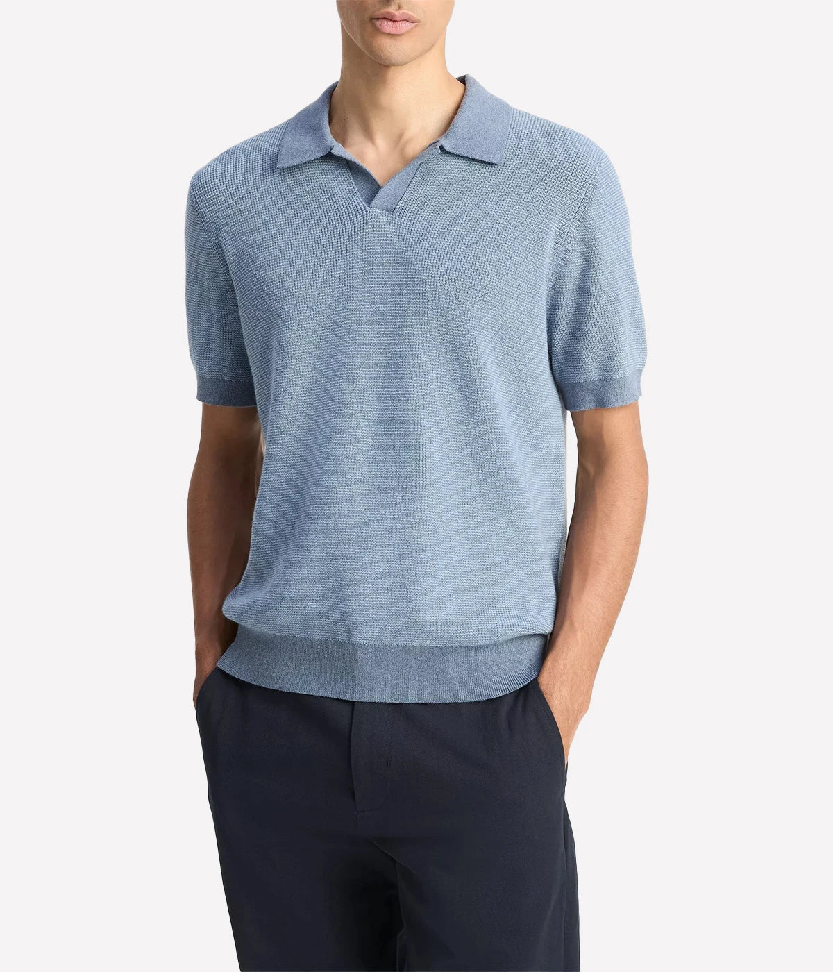 Vince Johnny-collar pullover sweater with tonal colourblocking and subtle stripe texture in a cotton-cashmere knit.