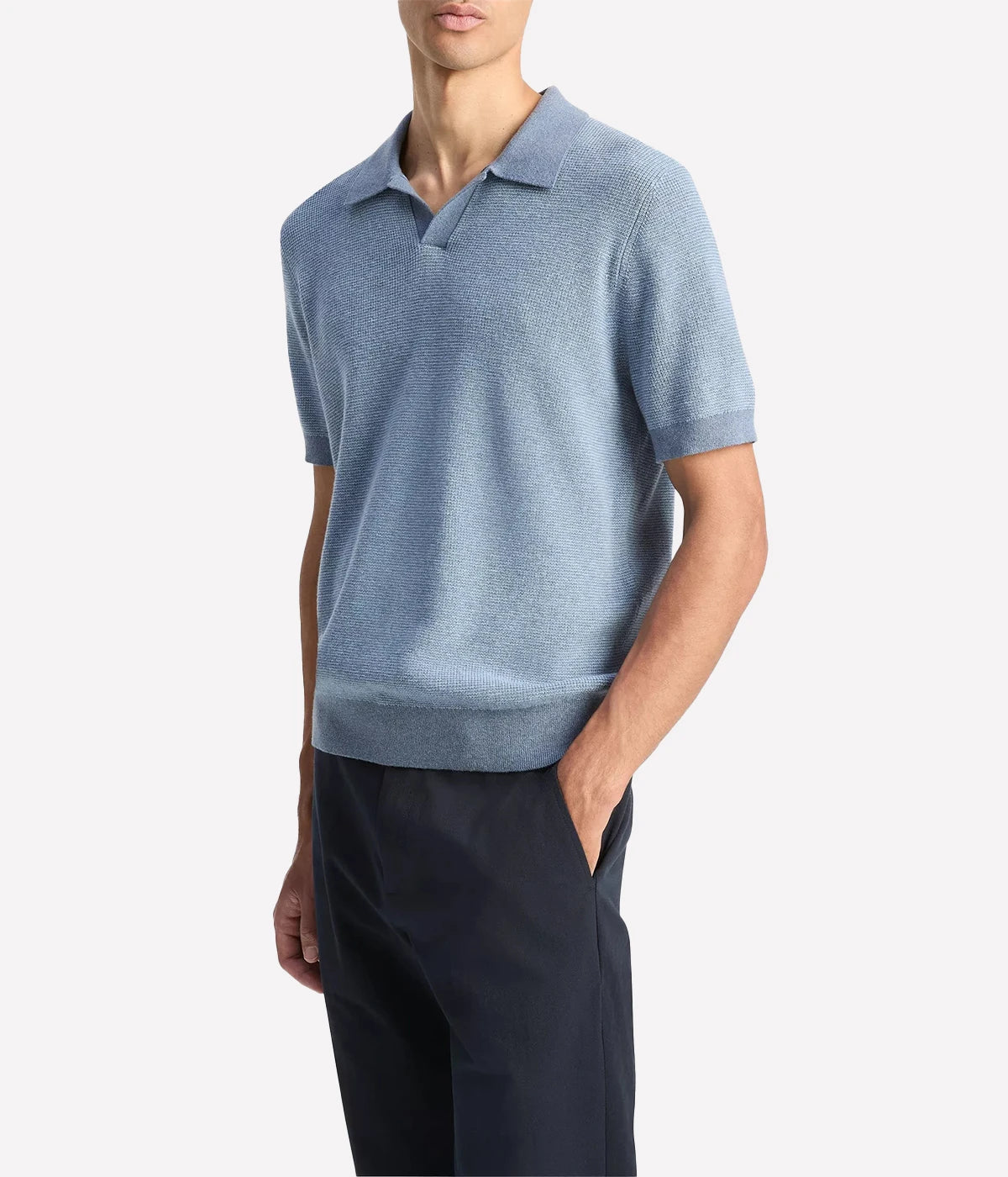 Vince Johnny-collar pullover sweater with tonal colourblocking and subtle stripe texture in a cotton-cashmere knit.