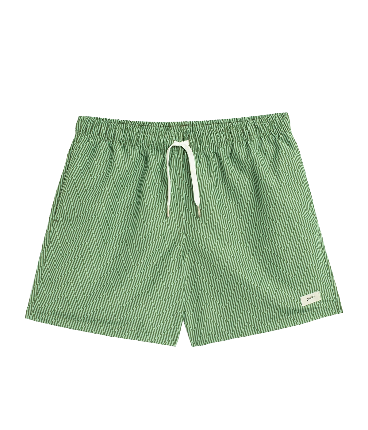 Bather’s geometric swim trunks feature a bold, monochromatic herringbone-inspired pattern, reminiscent of retro ‘60s design. With a 5.5” inseam, reinforced pockets, and a back snap pocket, these quick-dry swim shorts are crafted from 100% recycled polyester for a stylish and sustainable fit.