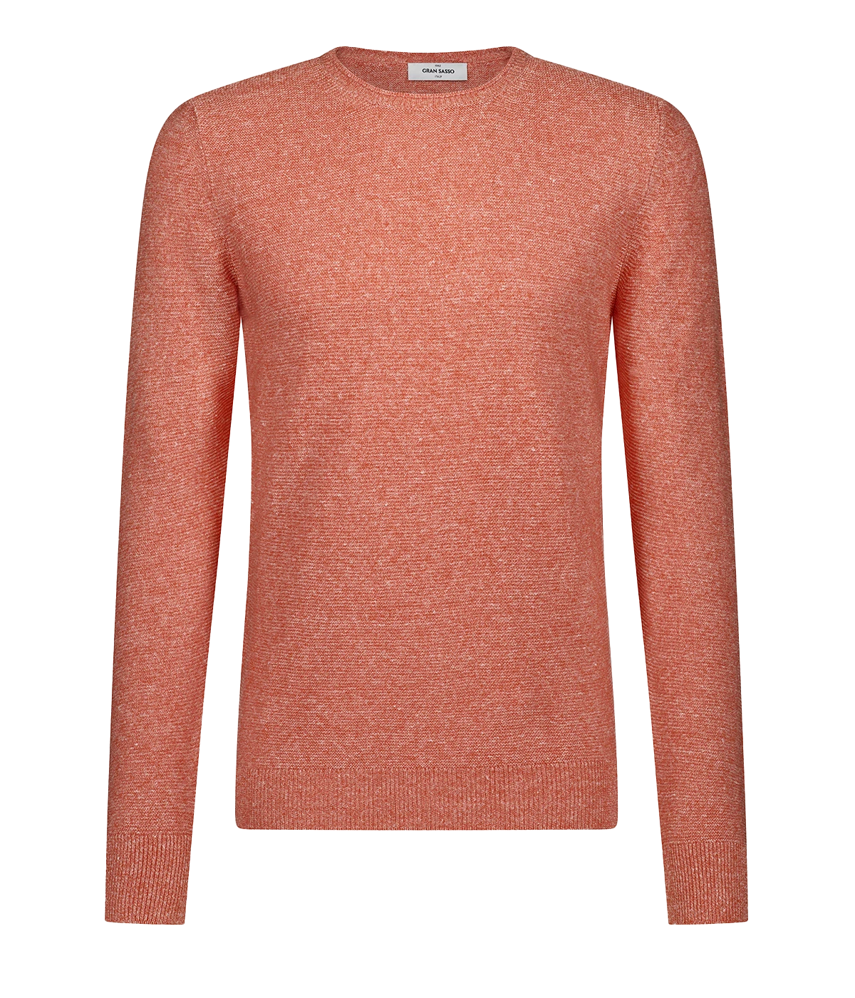 A timeless easy breezy summer crew neck sweater, 100% cotton in a mandarin colourway, featuring crew neckline and long sleeves. Throw on and go, comfortable, lightweight, made in Italy. 