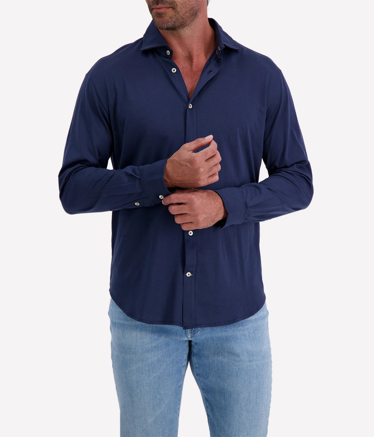 Refined Dandy Shirt in soft jersey cotton with cutaway collar, front button fastening, and long sleeves with buttoned cuffs. Perfect for smart-casual styling.