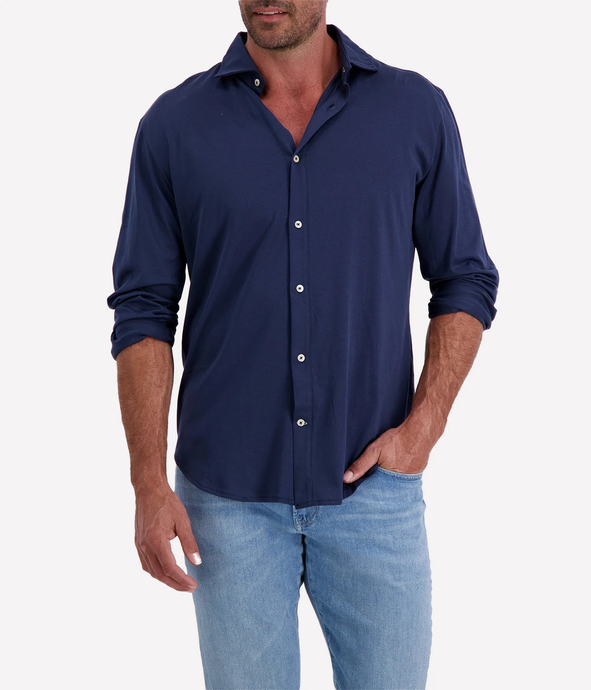 Refined Dandy Shirt in soft jersey cotton with cutaway collar, front button fastening, and long sleeves with buttoned cuffs. Perfect for smart-casual styling.