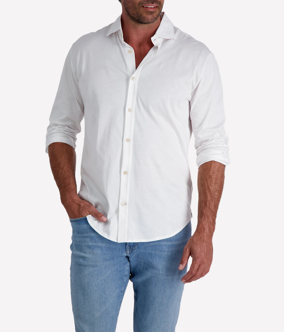 Refined Dandy Shirt in soft jersey cotton with cutaway collar, front button fastening, and long sleeves with buttoned cuffs. Perfect for smart-casual styling.