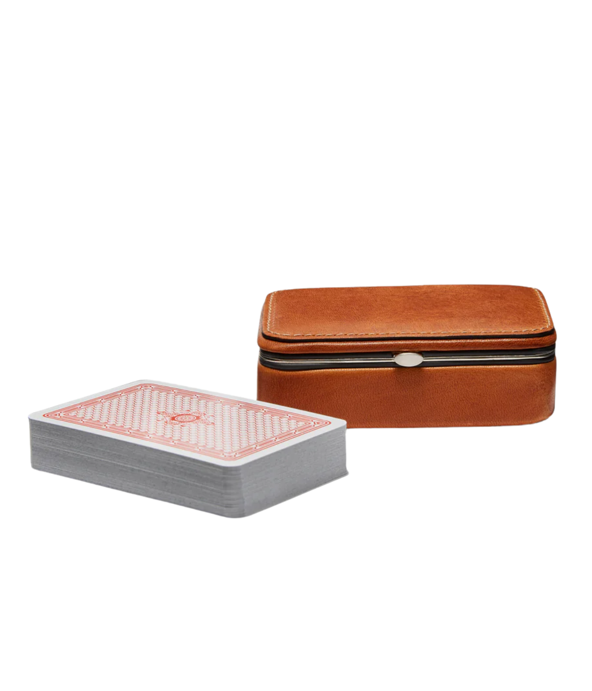 F. Hamman leather playing card set in cognac full-grain leather with suede lining and polished frame – luxury game accessory made in Germany.