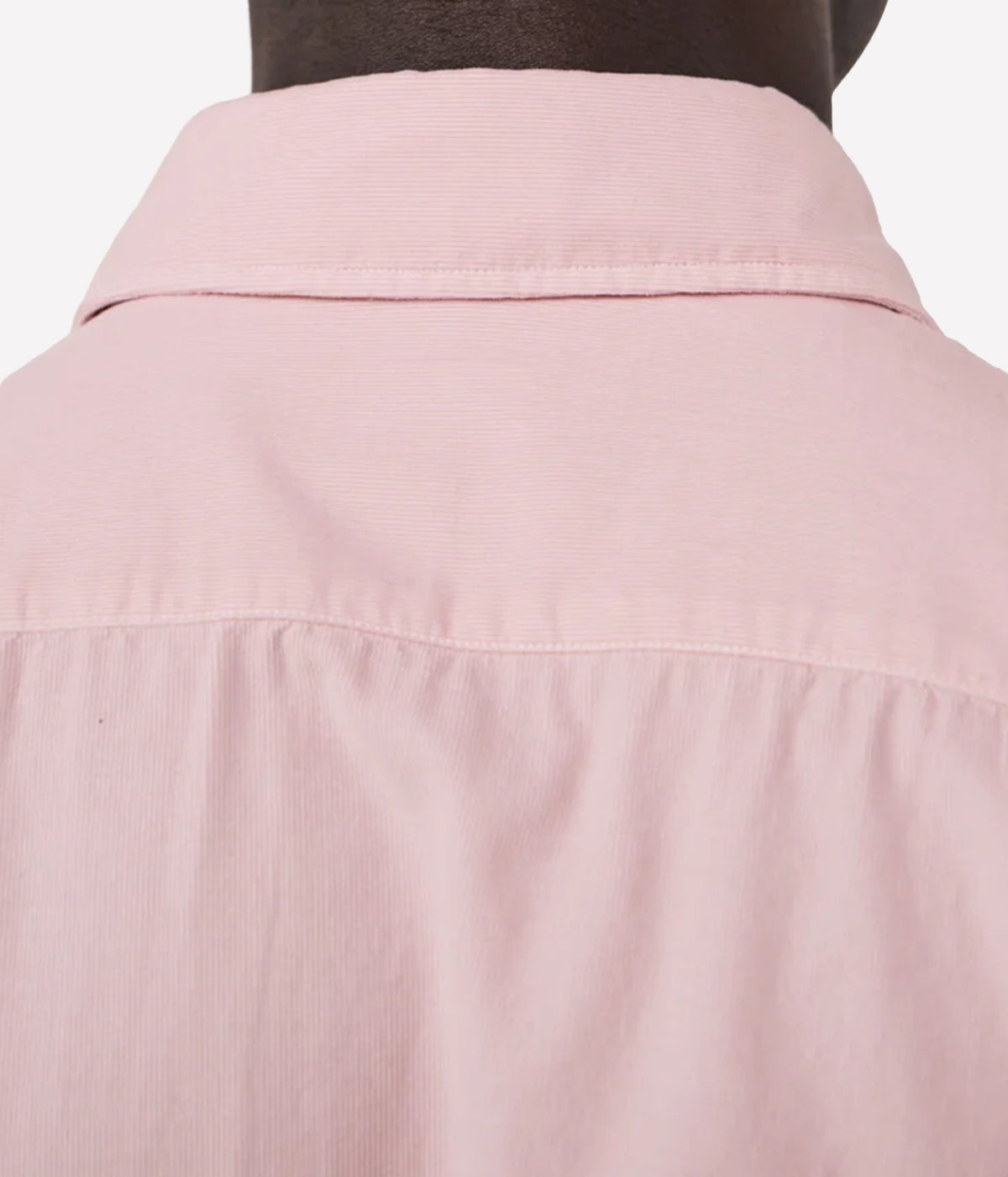 Close-up of the back of a light pink button-down shirt on a mannequin, showing the collar and fabric texture.