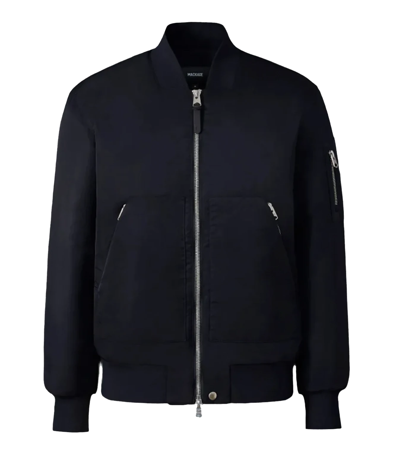 A dark navy blue bomber jacket with silver zippers, shown on a plain white background.