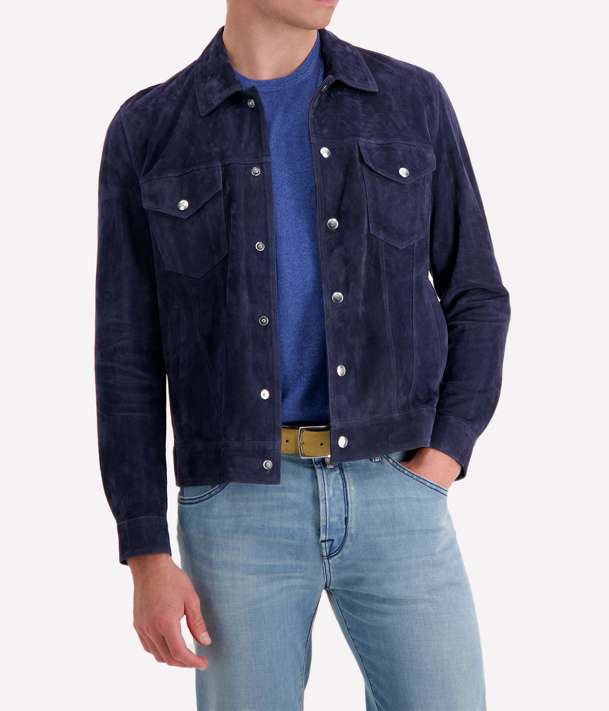 Eleventy Leather Trucker Jacket in navy blue – men’s Italian goat leather jacket with spread collar, popper closure, and front pockets in a deep blue tone