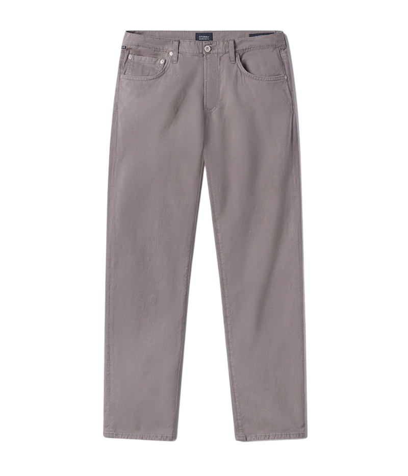 Straight-leg fit pants in a sleek slate dark grey wash, offering a relaxed and comfortable style with midweight stretch linen.