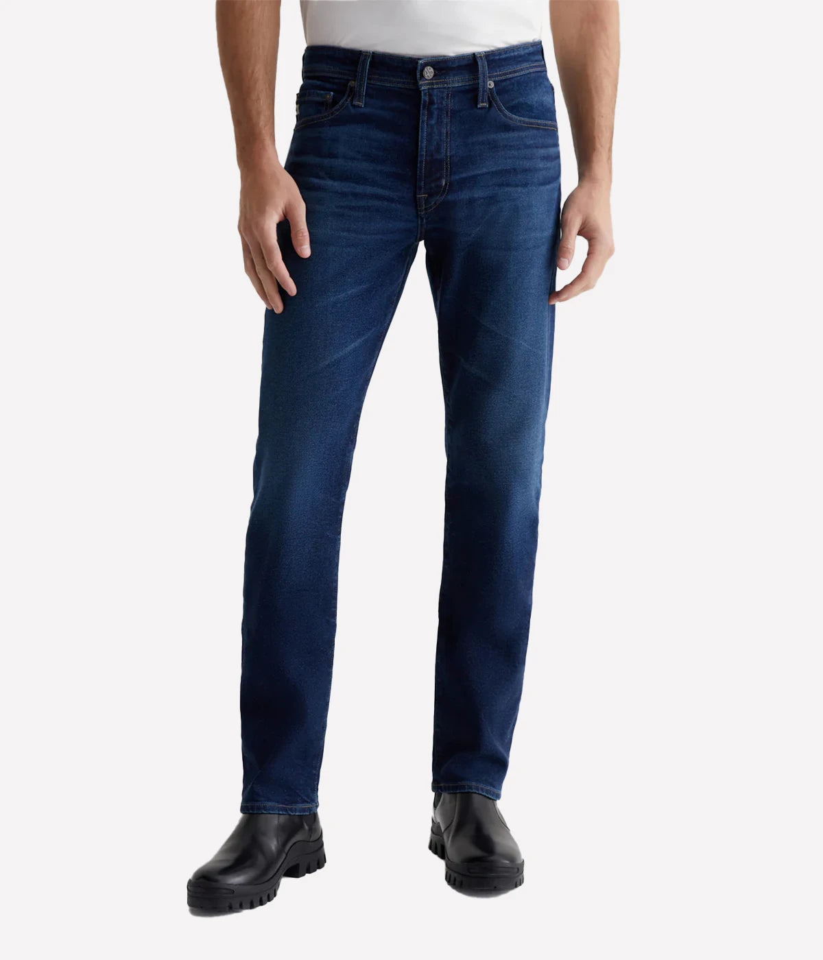 Five-pocket men's jeans with a comfortable mid-rise waist and a straight fit that’s relaxed from hip to knee, tapering slightly at the leg opening. Detailed measurements include a 10.25" front rise, 16" knee opening, 15" bottom opening, and 33" inseam.